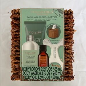 Tuscan Hills Body Care Wicker Basket 5Pc Eucalyptus & Rosehip - Lotion Wash Oil